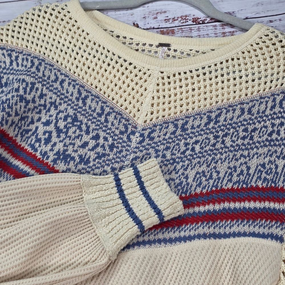 Free People Sweater Women Small Cream Excellent Mixed Knit Chevron Crochet